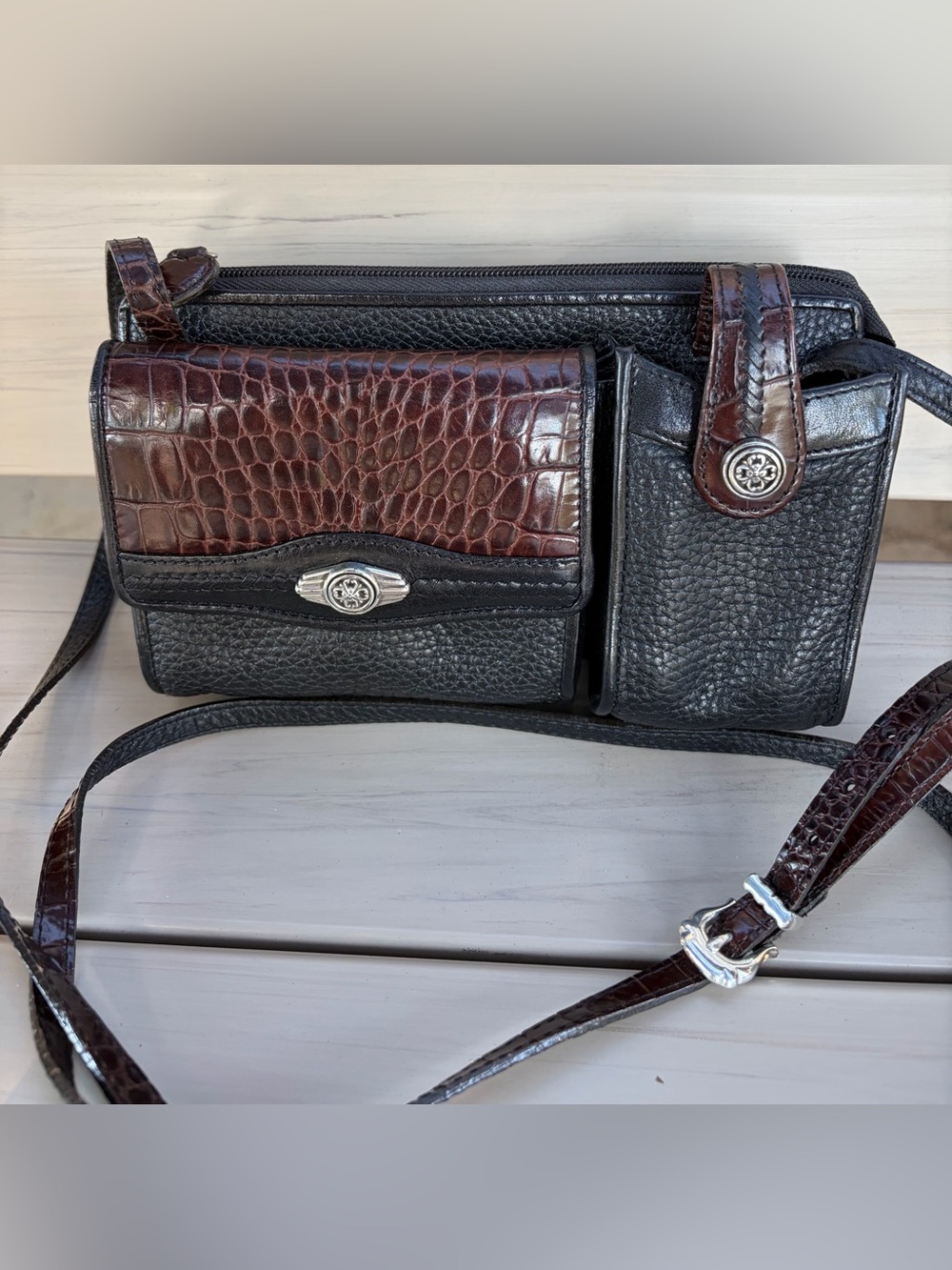 Brighton Black Pebbled Leather & Brown Croc-Accents Mini Crossbody Organizer Bag